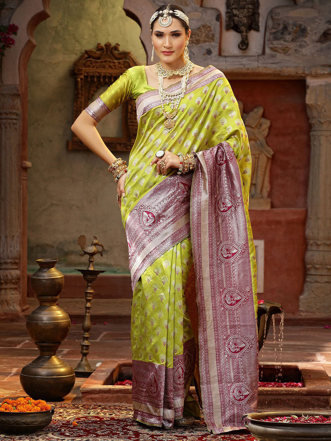 

Mitera Green & Purple Floral Woven Design Zari Banarasi Saree