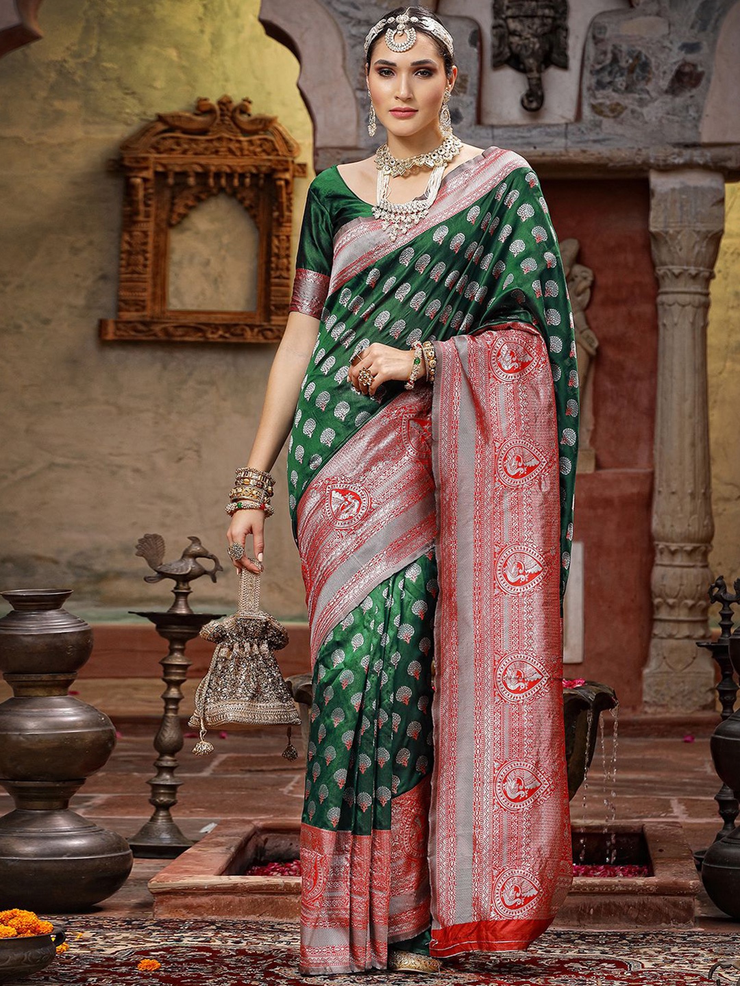 Mitera Green & Red Ethnic Motifs Woven Design Zari Banarasi Saree