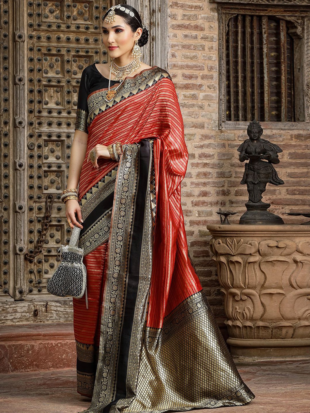 

Mitera Striped Zari Banarasi Saree, Red