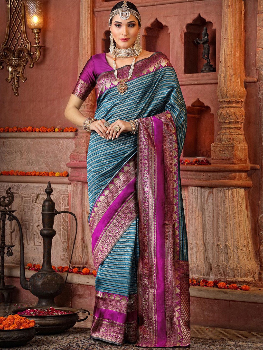 

Mitera Blue & Pink Geometric Woven Design Zari Banarasi Saree