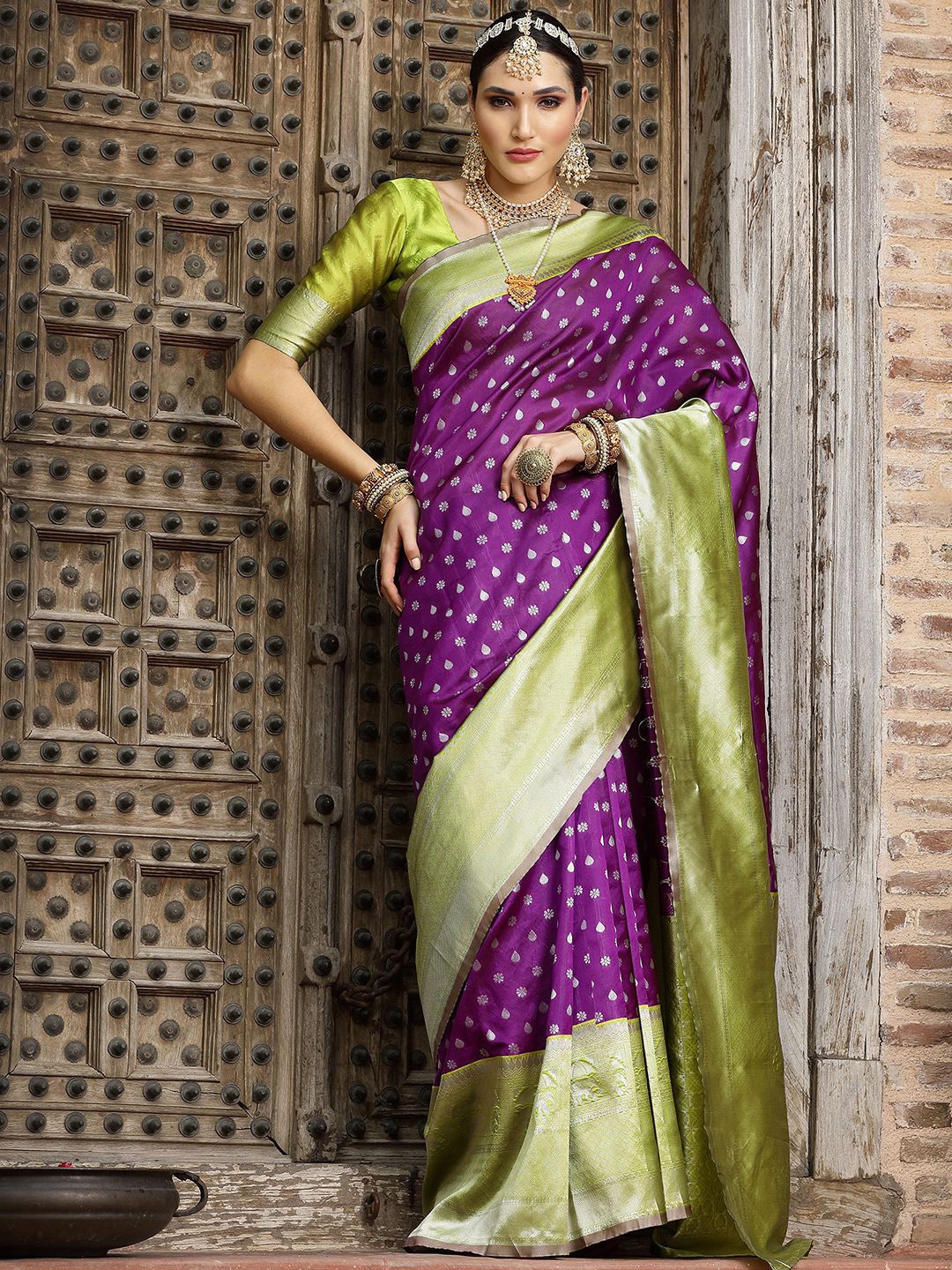Mitera Ethnic Motif Woven Design Zari Banarasi Saree, Purple