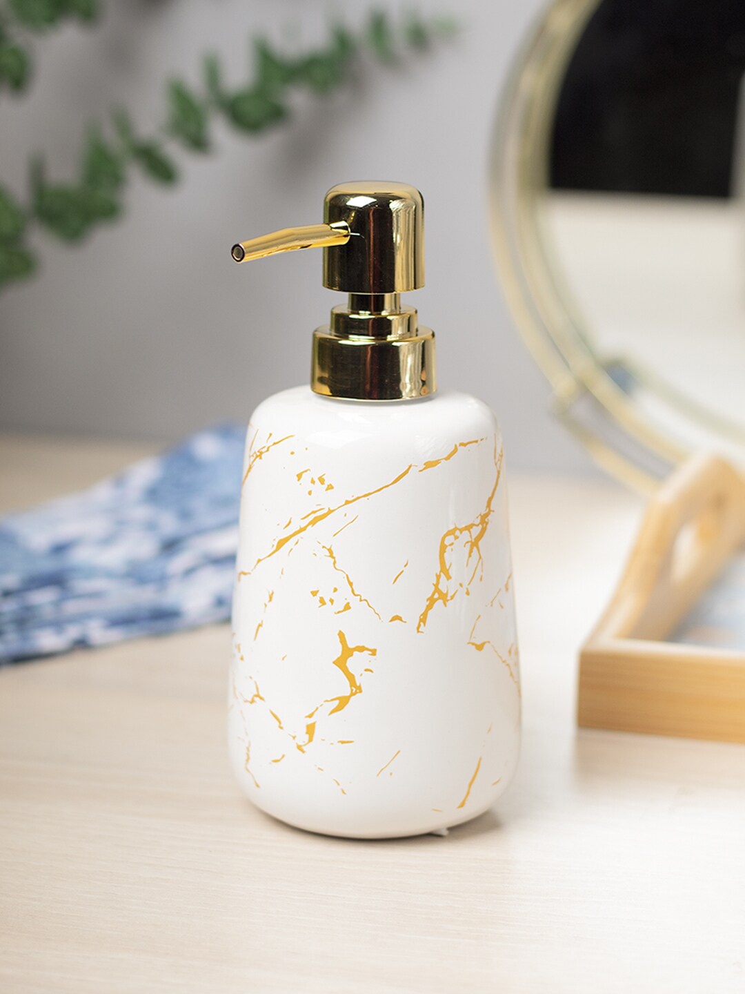 MARKET99 Off-White & Yellow Printed Ceramic Soap Dispenser
