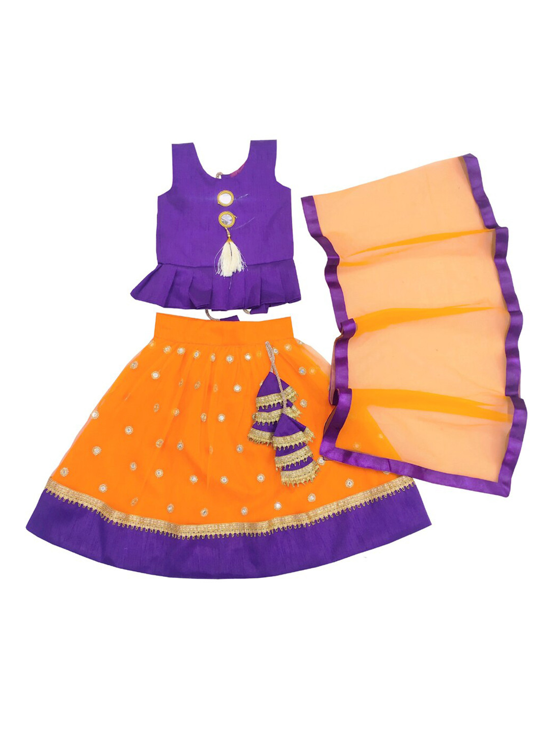 

BAESD Girls Mirror Work Ready to Wear Lehenga & Blouse With Dupatta, Orange