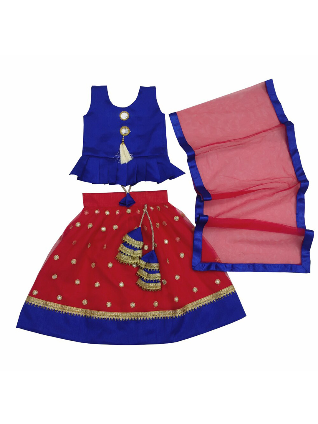 

BAESD Girls Mirror Work Ready to Wear Lehenga & Blouse With Dupatta, Red