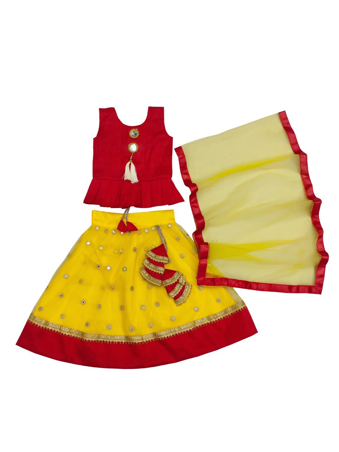 

BAESD Girls Mirror Work Ready to Wear Lehenga & Blouse With Dupatta, Yellow