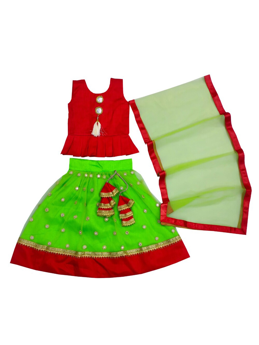 

BAESD Girls Mirror Work Embroidered Ready To Wear Lehenga & Blouse With Dupatta, Green