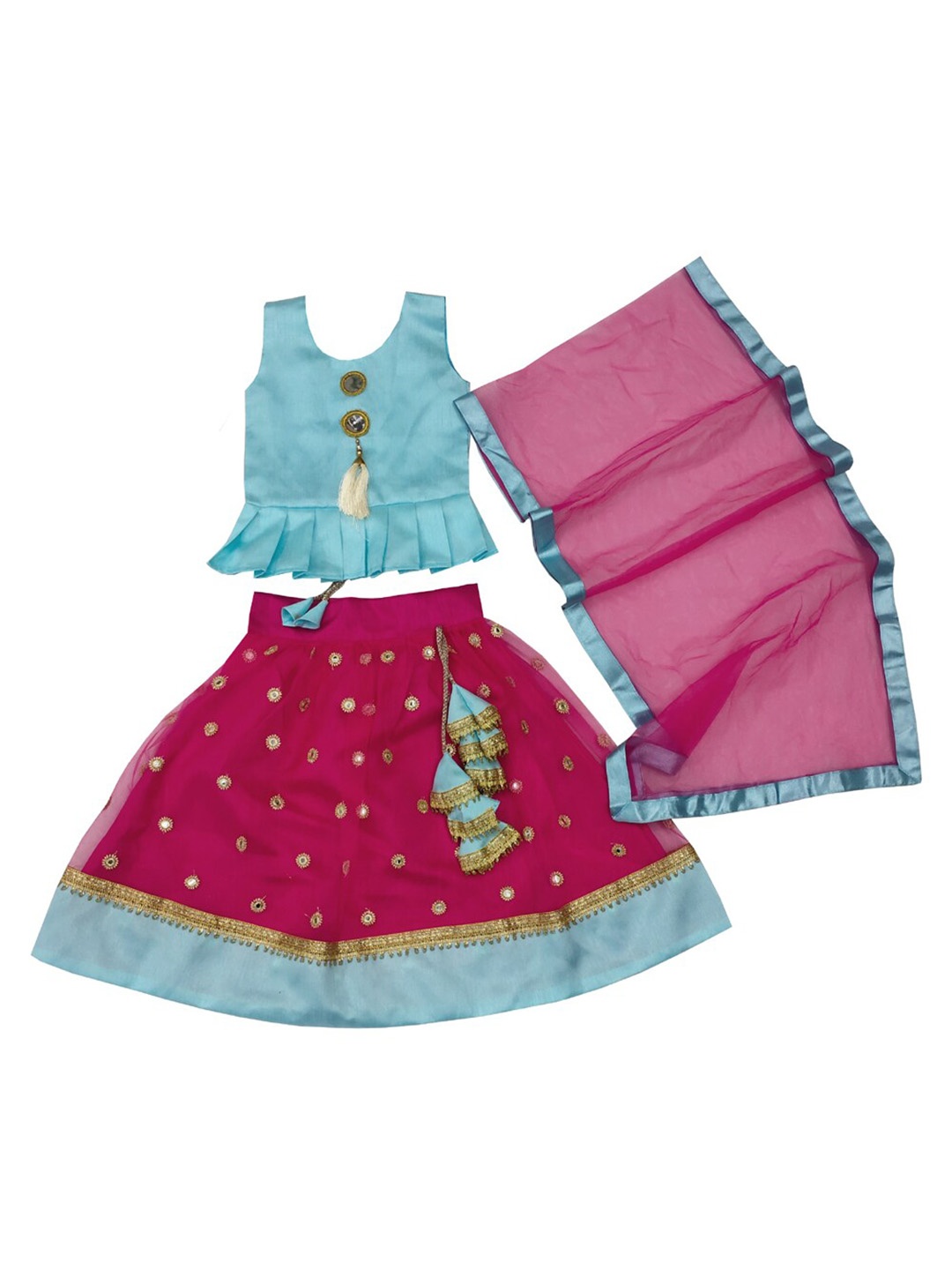 

BAESD Girls Mirror Work Ready to Wear Lehenga & Blouse With Dupatta, Pink