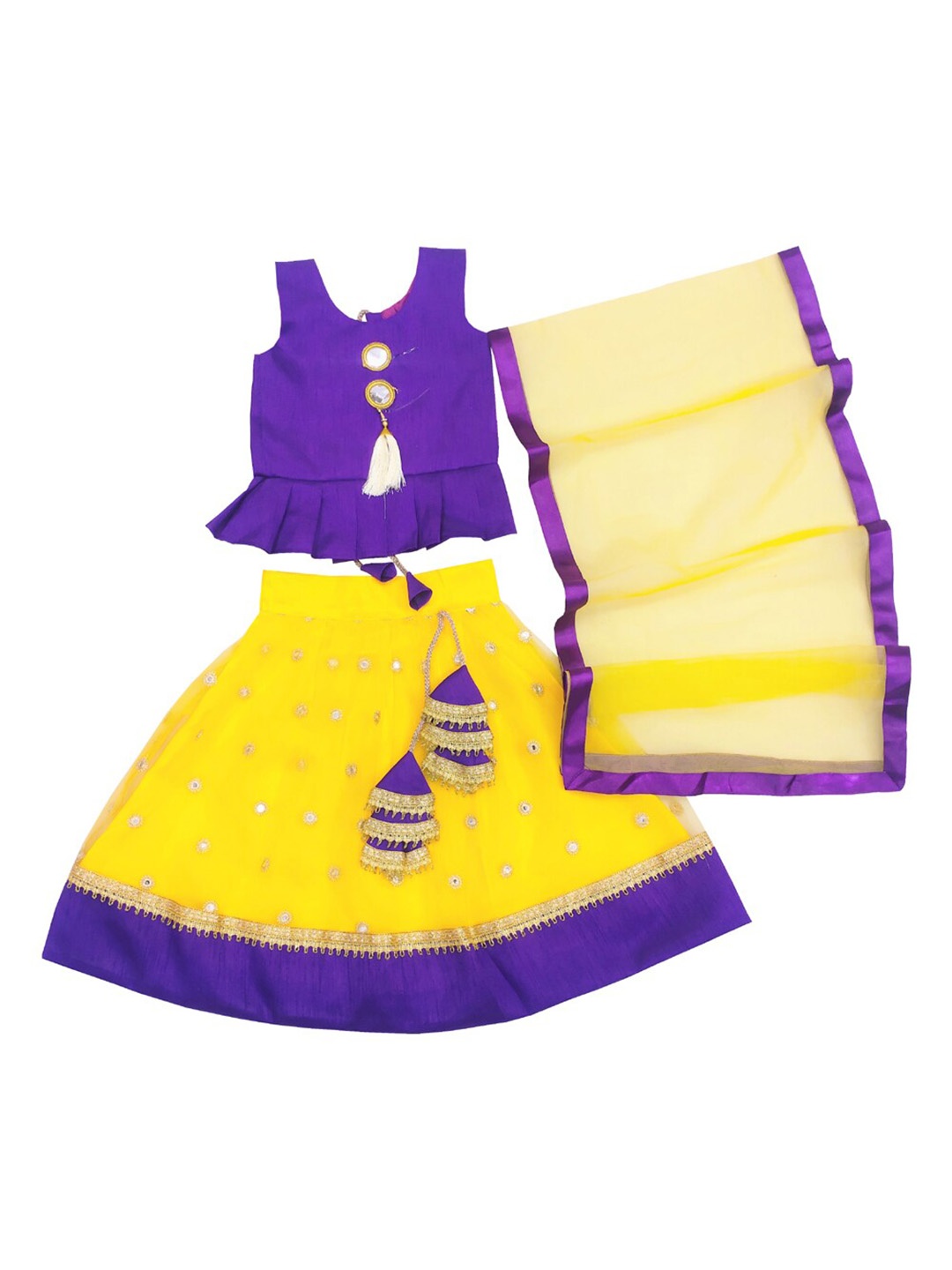 

BAESD Girls Mirror Work Embroidered Ready To Wear Lehenga & Blouse With Dupatta, Yellow