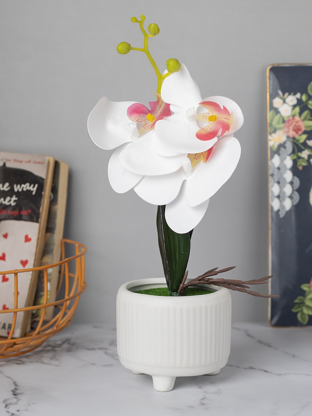 MARKET99 White & Green Artificial Flowers With Pot