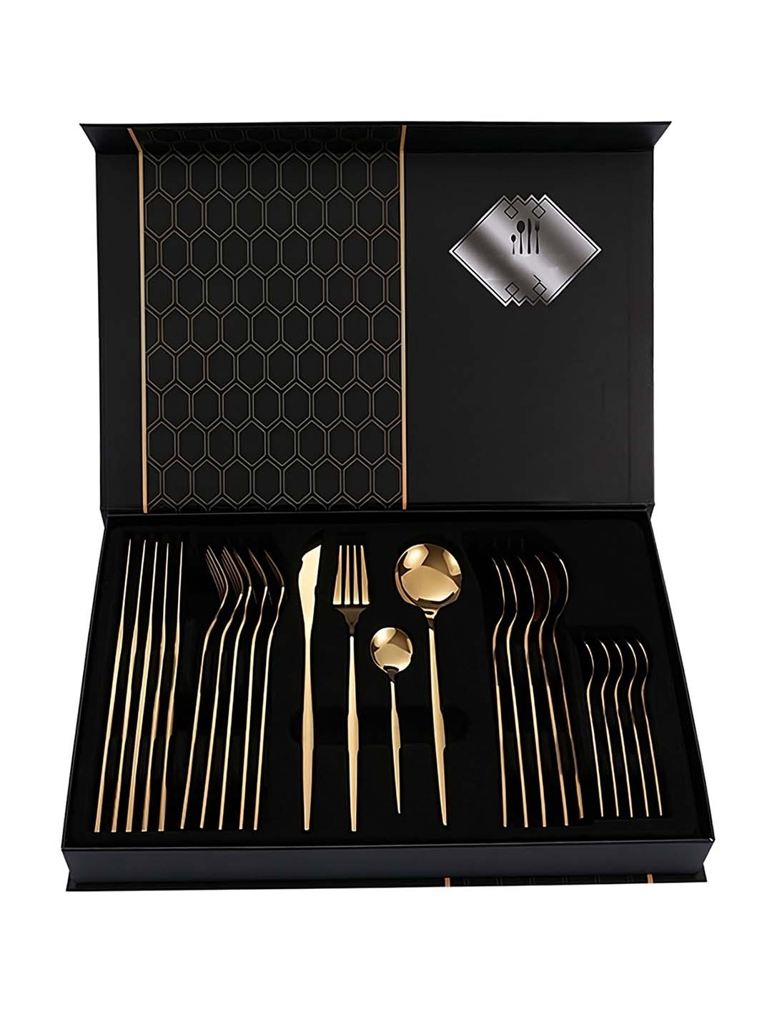 

BonZeaL Gold Toned 24 Pieces Mirror Finish Stainless Steel Cutlery Set With Gifting Box