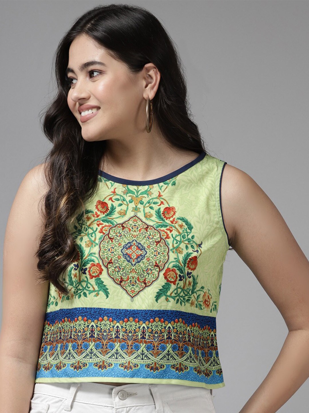 

BAESD Ethnic Motif Printed Crop Top, Green
