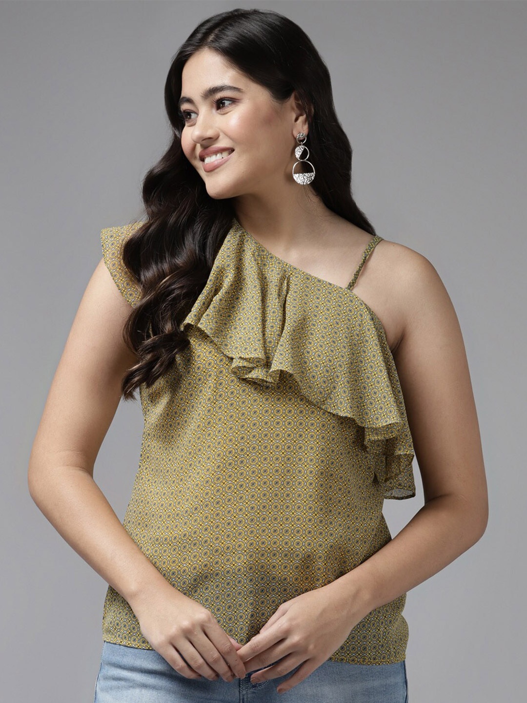 BAESD Printed One Shoulder Top, Olive