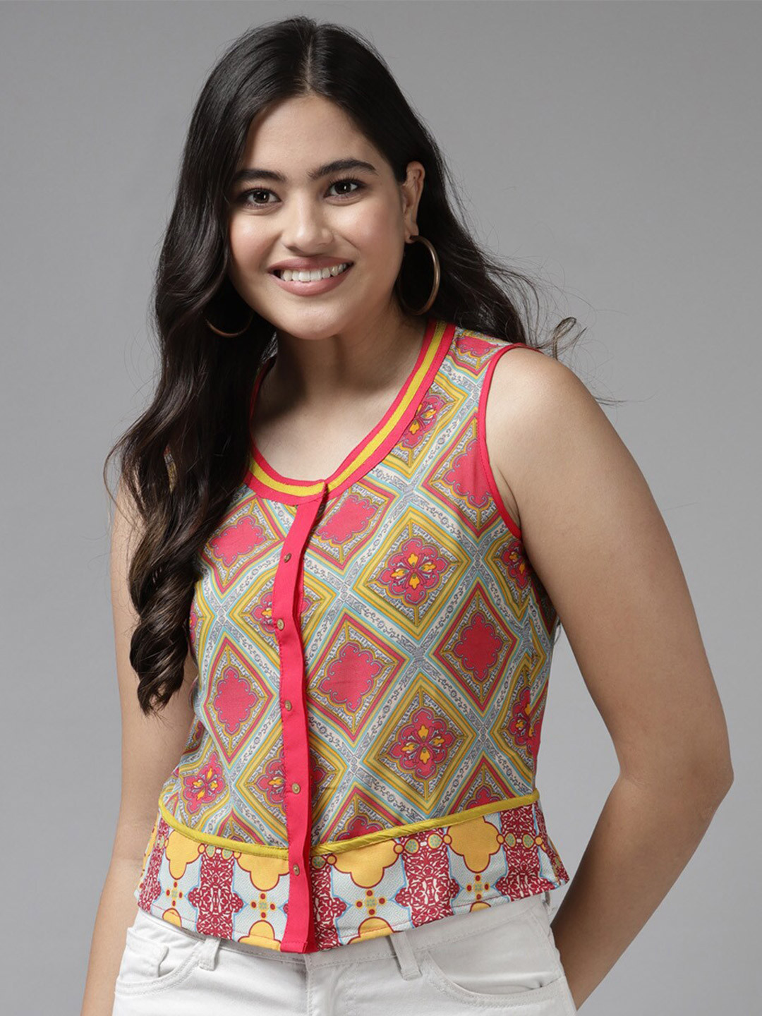 

BAESD Ethnic Motifs Printed Crop A-Line Top, Pink