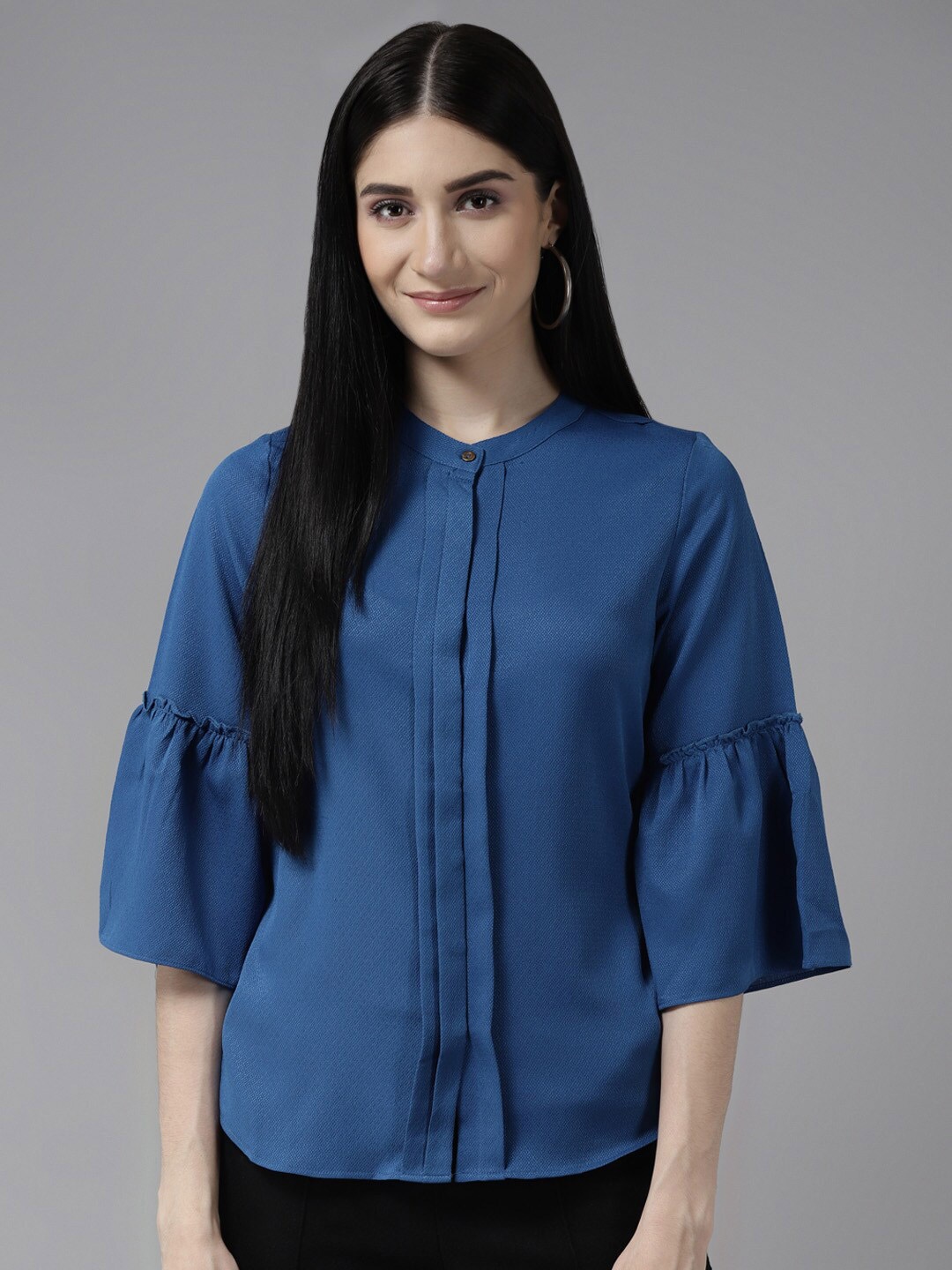 

BAESD Self Design Mandarin Collar Bell Sleeves A-Line Top, Blue