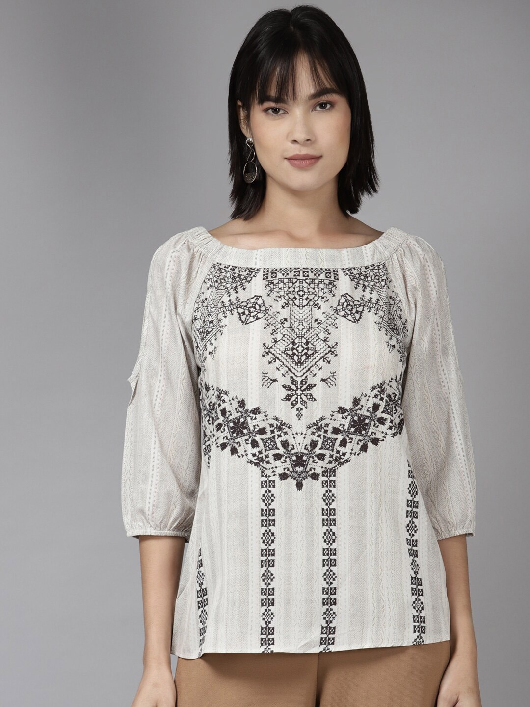 

BAESD Ethnic Motifs Printed Regular Top, Grey