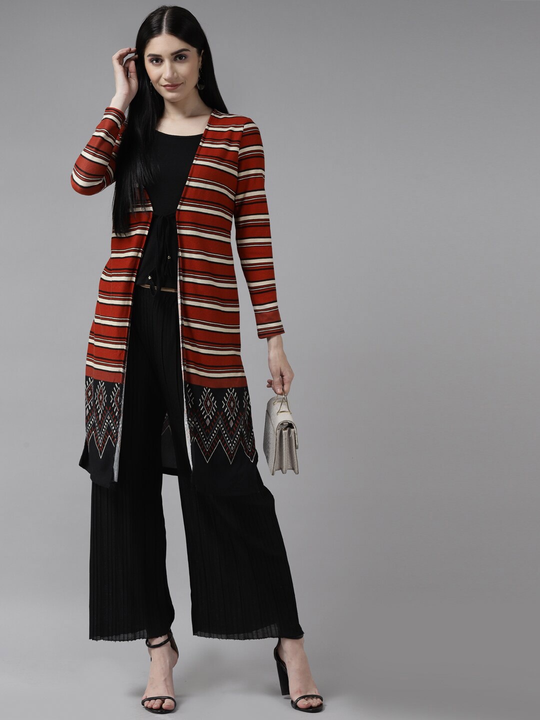 

BAESD Striped Jacket Style Longline Georgette Top, Black