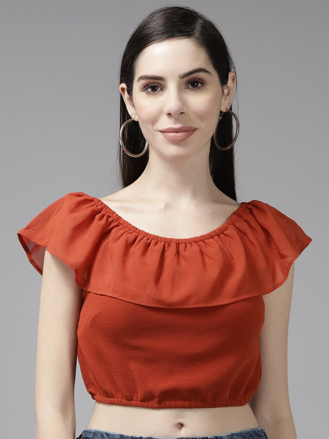 

BAESD Ruffles Detail Crop Georgette Top, Rust