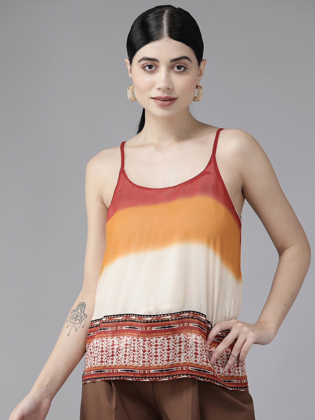 

BAESD Colourblocked Shoulder Straps Georgette Regular Top, Beige