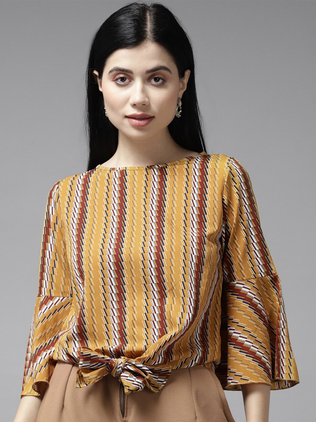 

BAESD Geometric Printed Waist Tie-Up Bell Sleeves Georgette Regular Top, Mustard