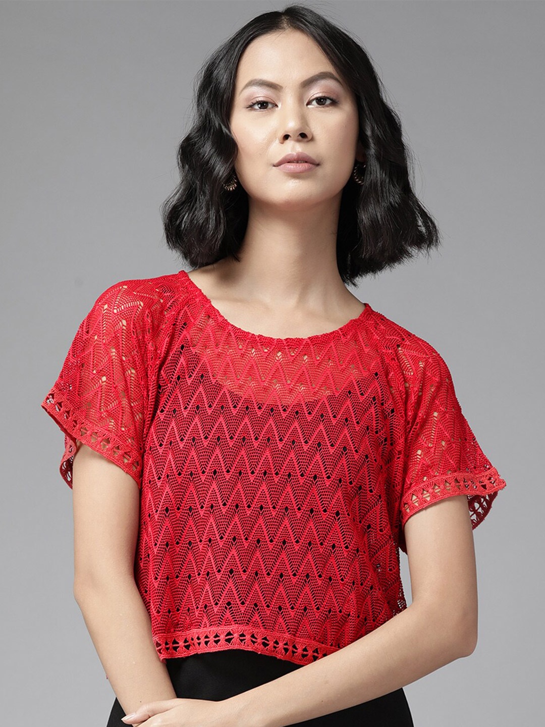 

BAESD Round Neck Self Design Top, Red