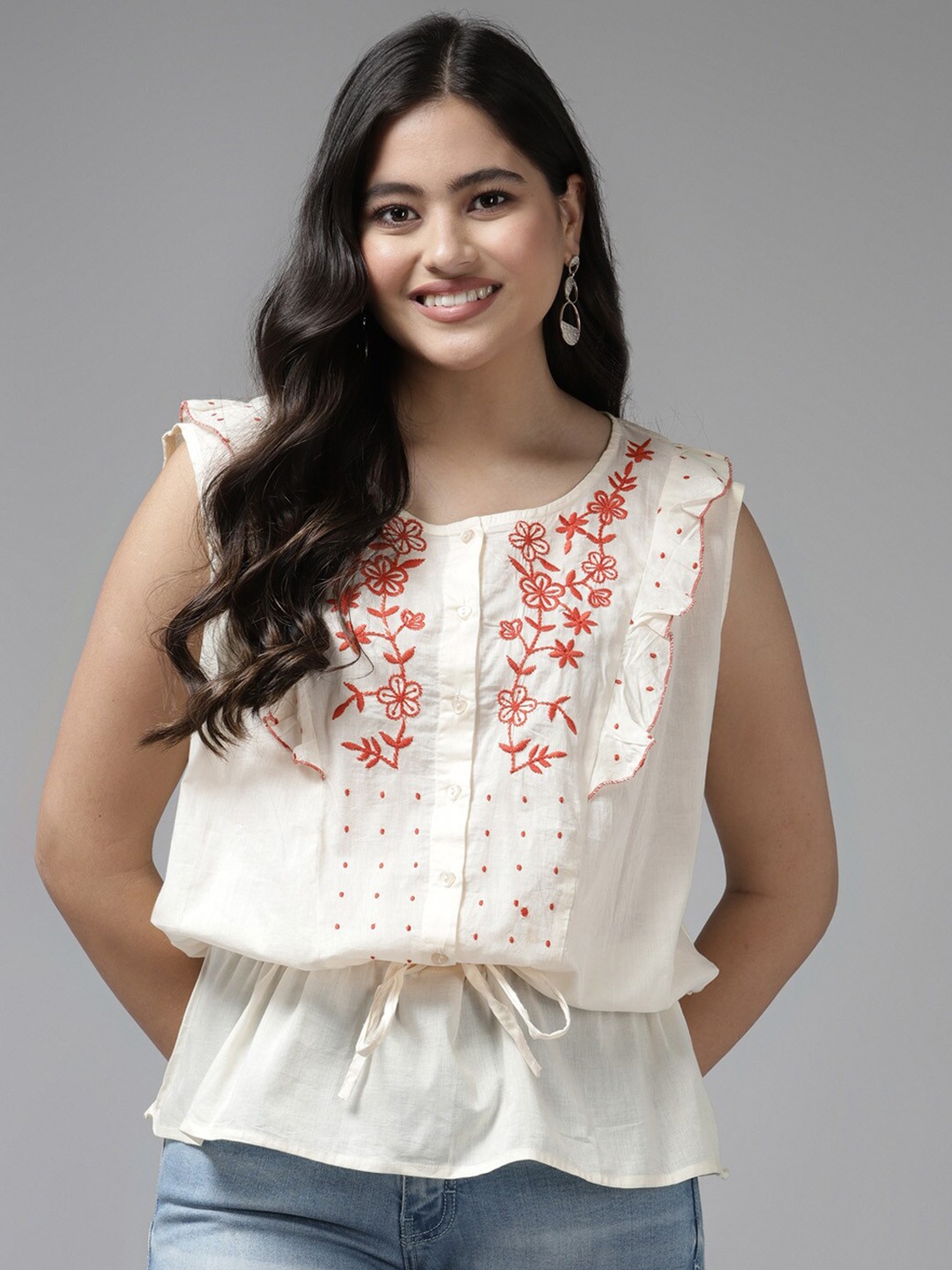 

BAESD Floral Embroidered Sleeveless Cinched Waist Top, Cream