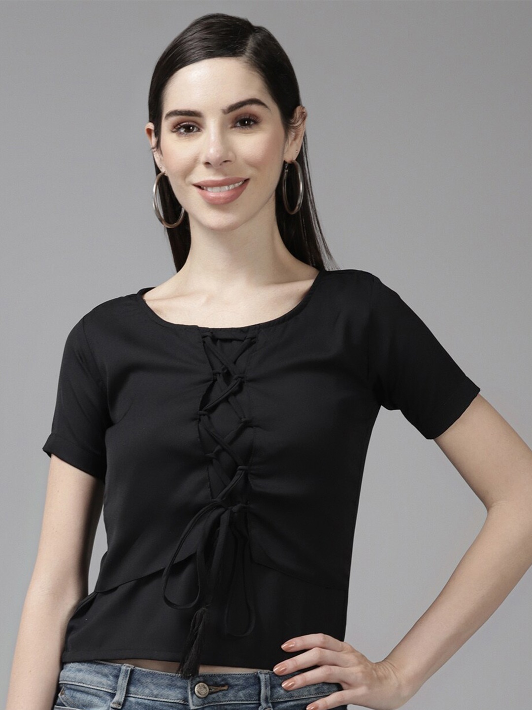 BAESD Round Neck Georgette Tie-Up Details Top, Black