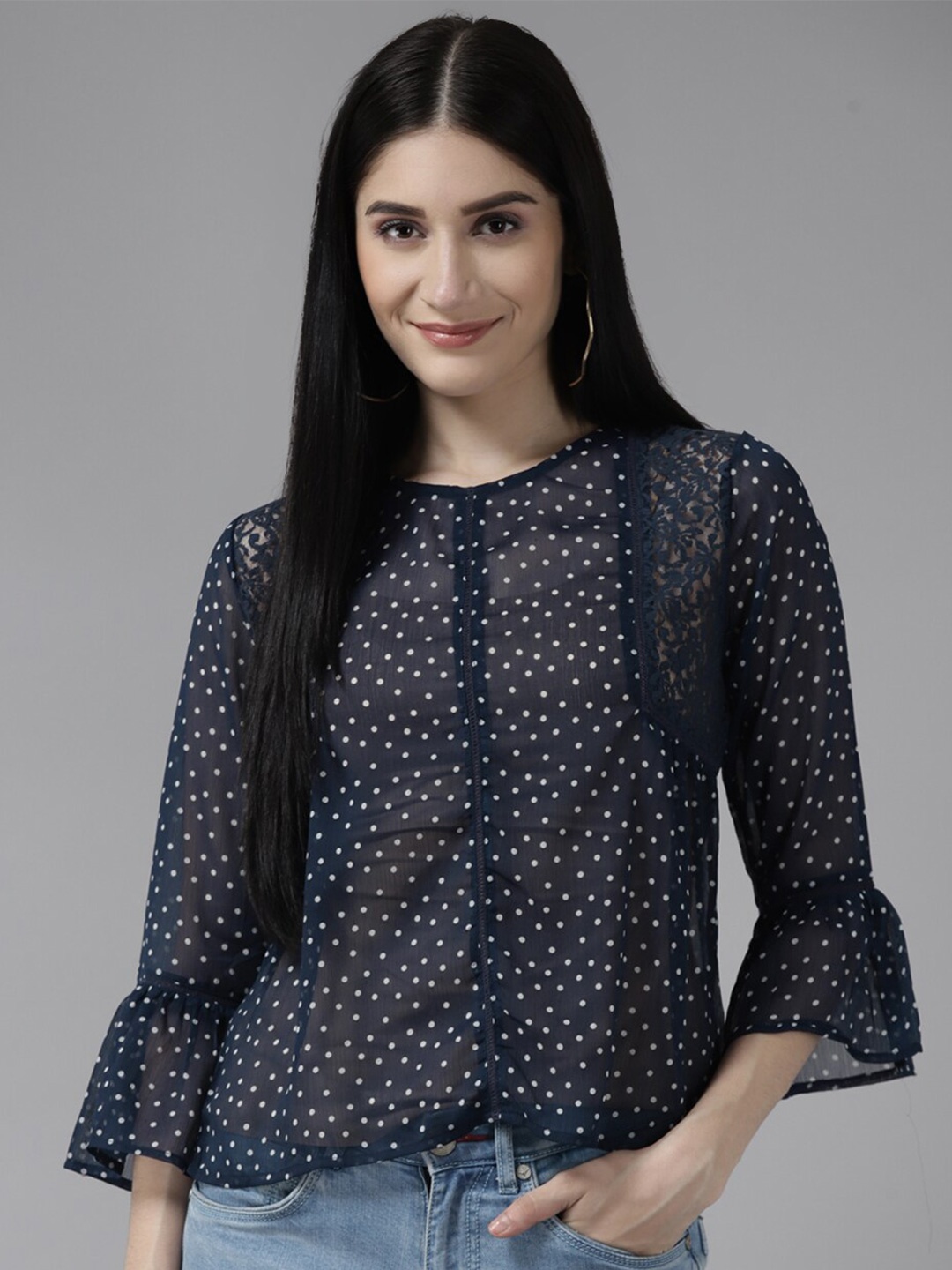 

BAESD Polka Dots Printed Lace Inserts Top, Navy blue