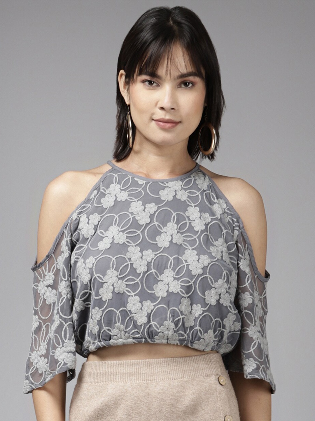 

BAESD Embroidered Cold-Shoulder Crop Georgette Regular Top, Grey
