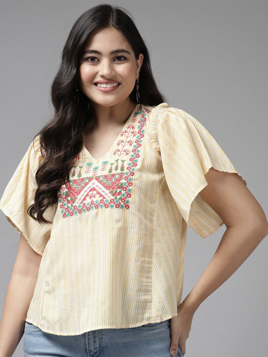 

BAESD Embroidered Striped V-Neck Flared Sleeves Regular Top, Yellow
