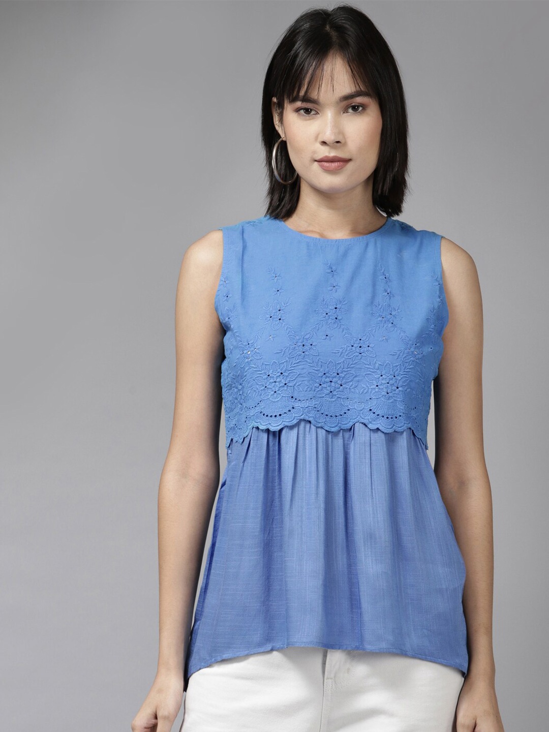 

BAESD Embroidered High-Low Hem Layered Georgette High-Low Top, Blue