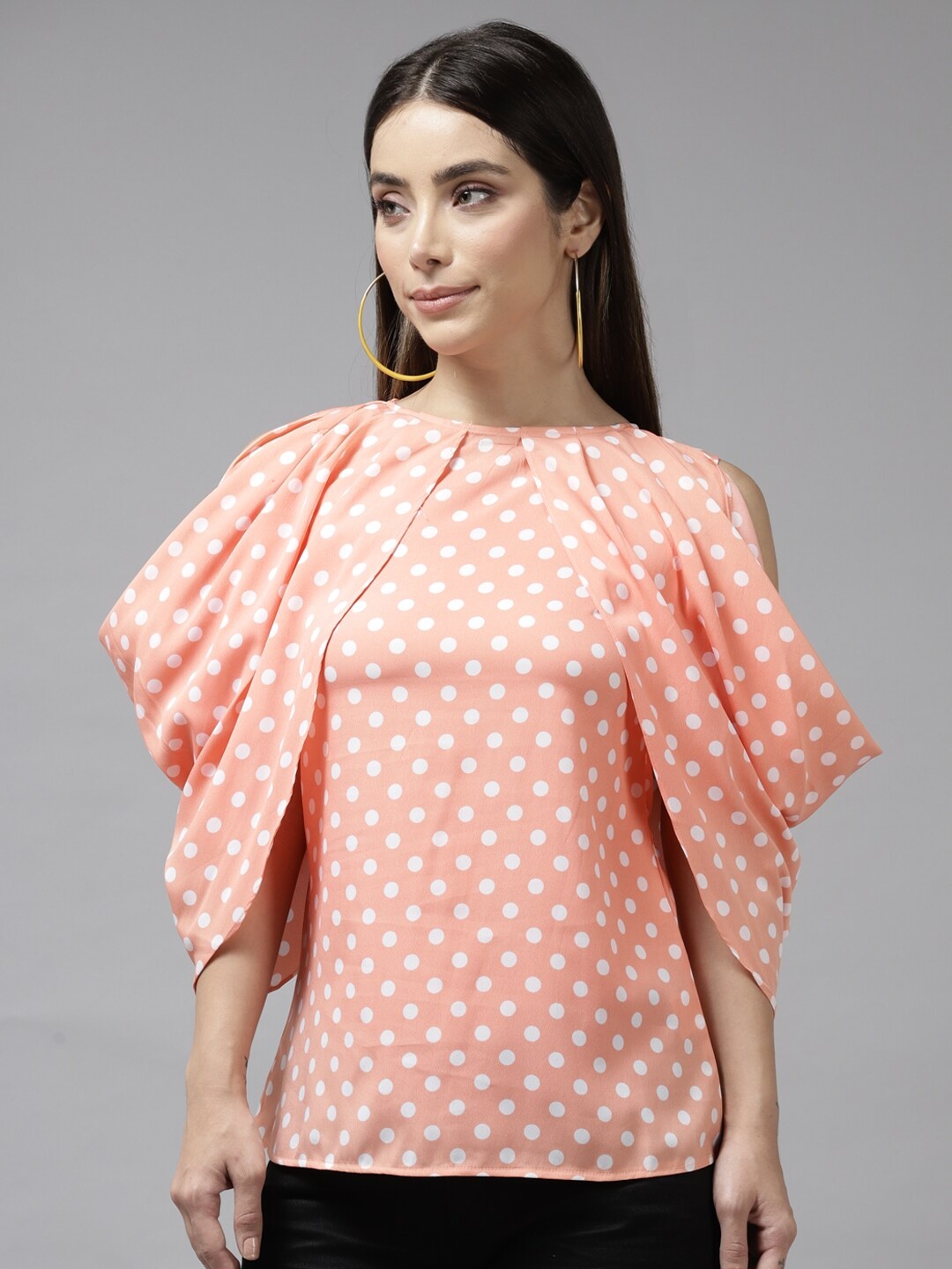 

BAESD Polka Dots Printed Cold-Shoulder Sleeves A-Line Top, Peach