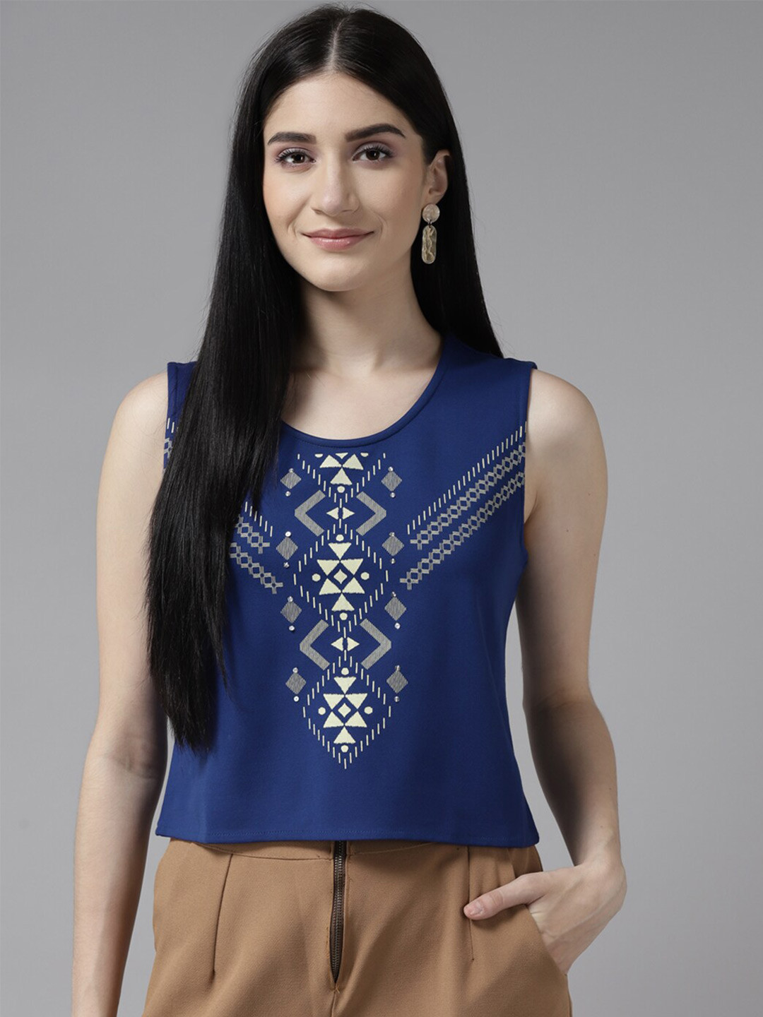 

BAESD Geometric Printed Sleeveless A-Line Top, Blue