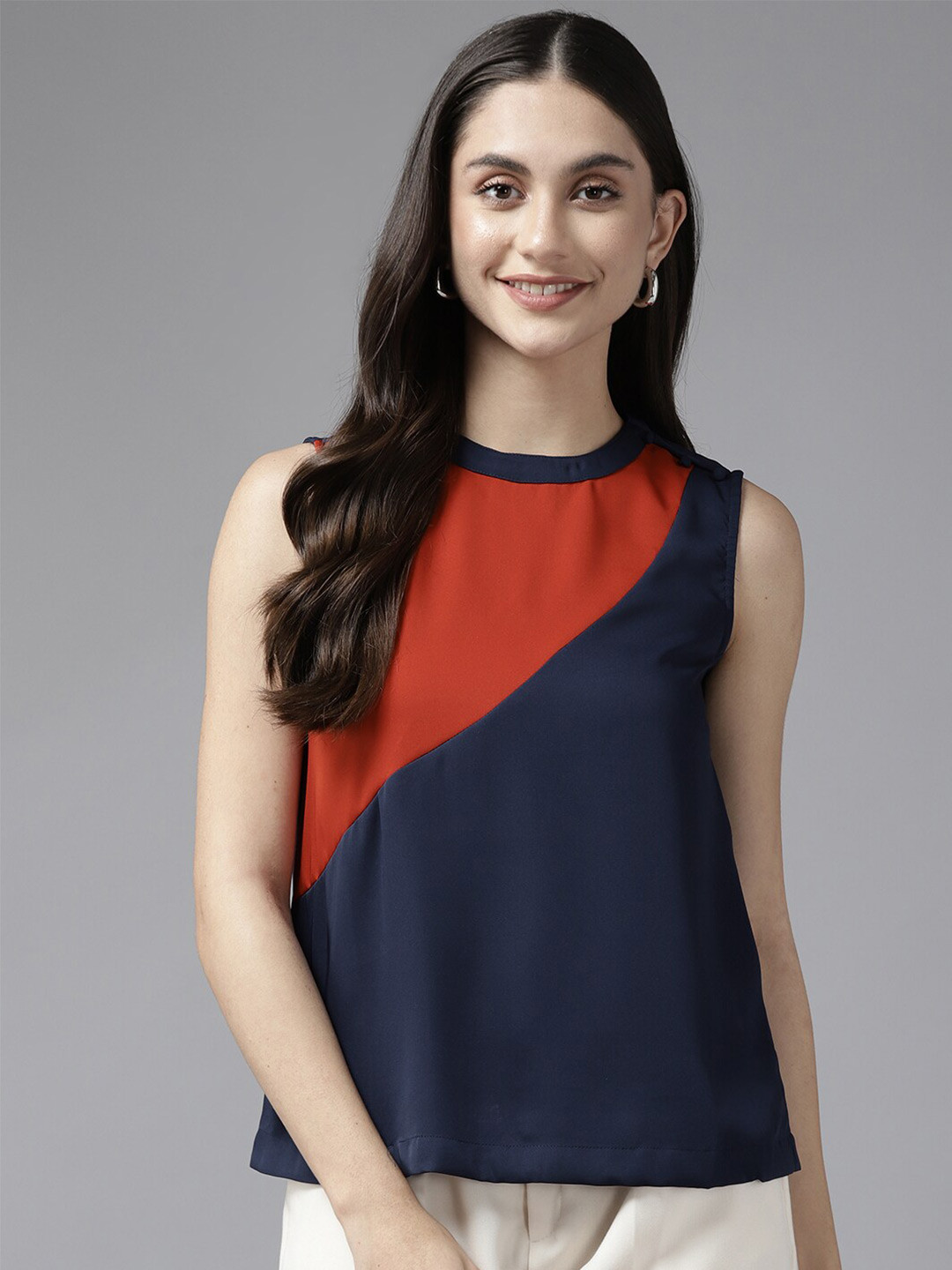 

BAESD Colourblocked High Neck Top, Navy blue