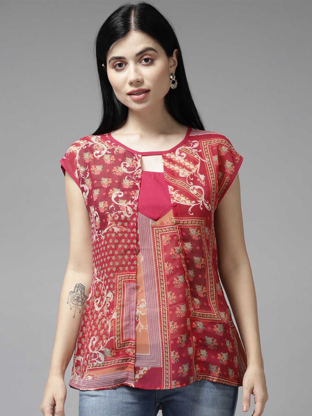 

BAESD Ethnic Printed Keyhloe Neck Top, Pink