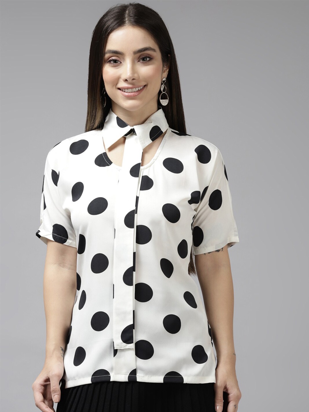 BAESD Polka Dots Printed Tie Up Neck Top, White