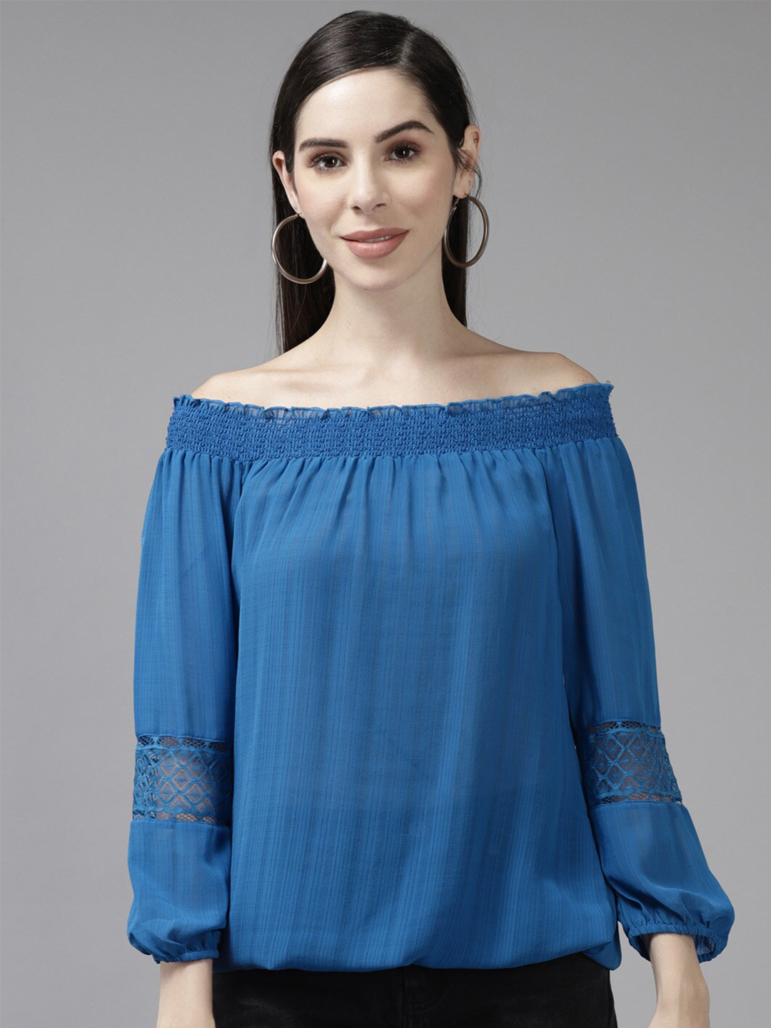 

BAESD Off-Shoulder Puff Sleeve Georgette Bardot Top, Blue