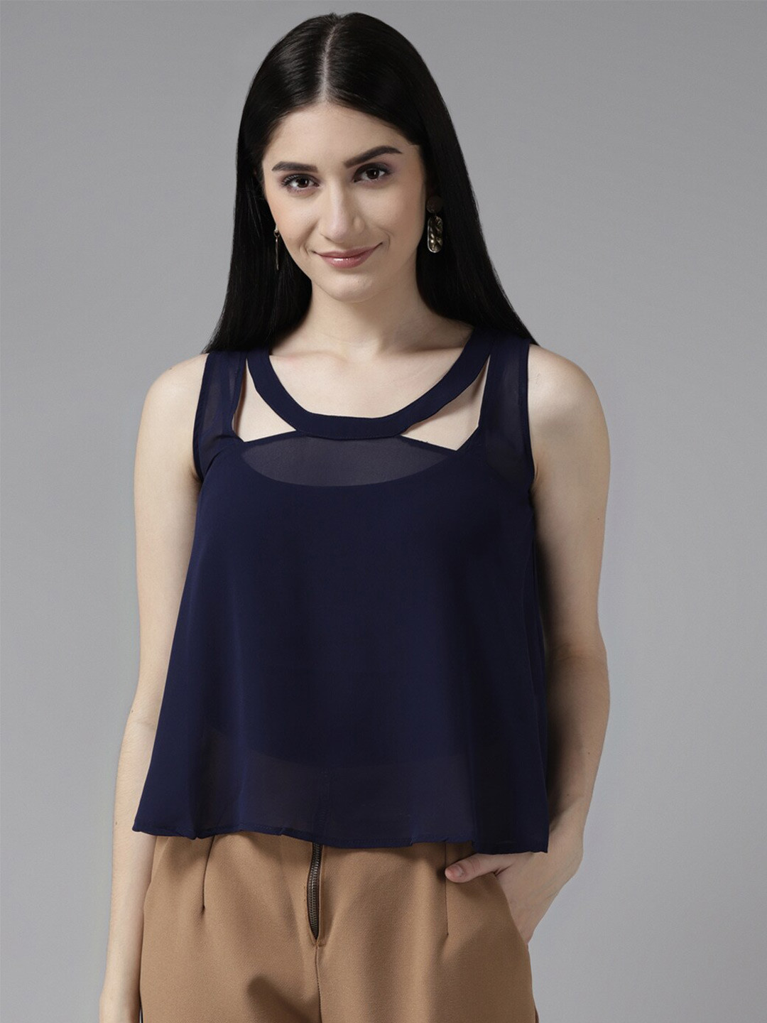 

BAESD Round Neck Sleeveless A-Line Top, Navy blue
