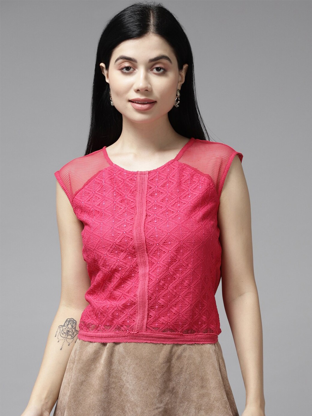 

BAESD Self Design Sleeveless Regular Top, Pink