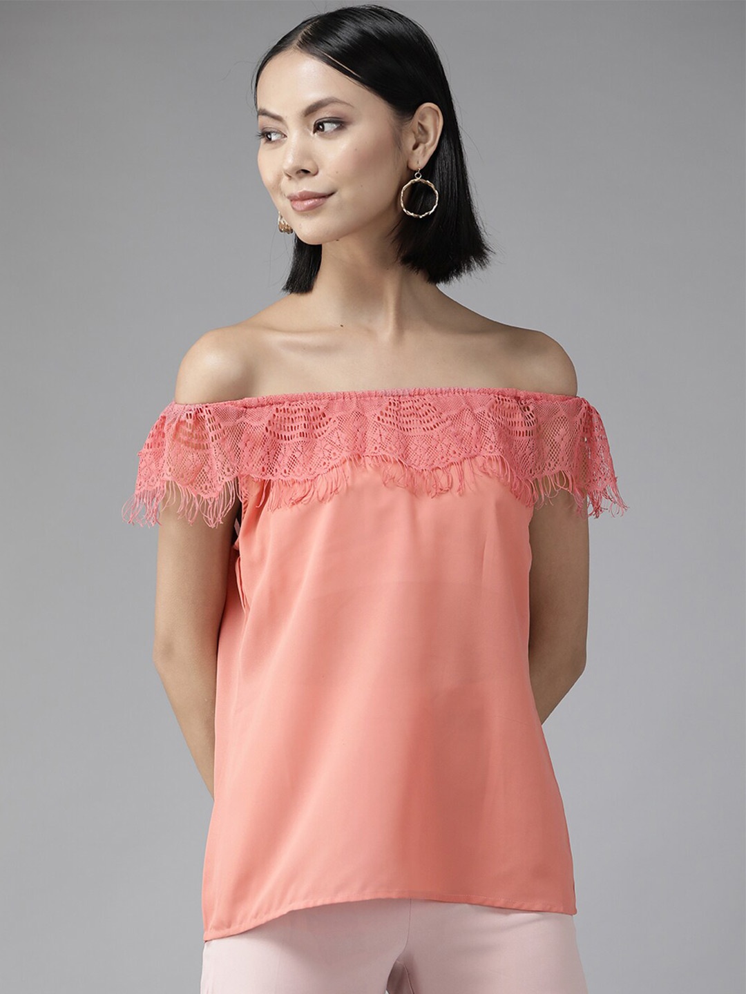 

BAESD Off-Shoulder Bardot Top With Lace Detail, Pink