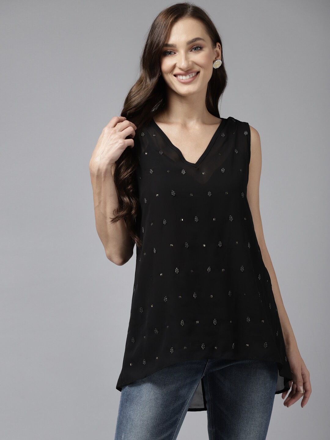 

BAESD V- Neck Ethnic Motifs Printed Georgette Regular Top, Black