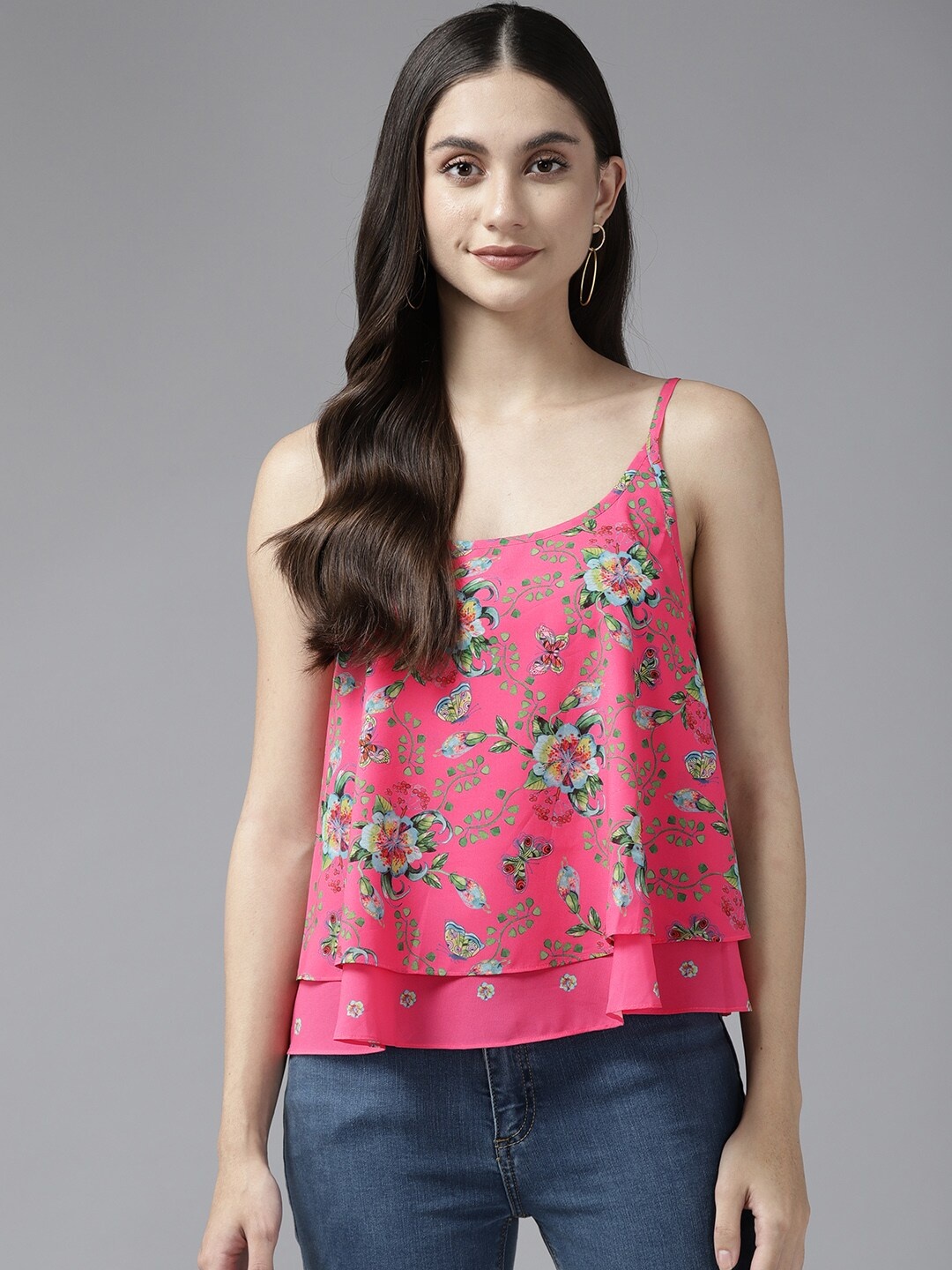 

BAESD Floral Printed Shoulder Straps A-Line Top, Pink