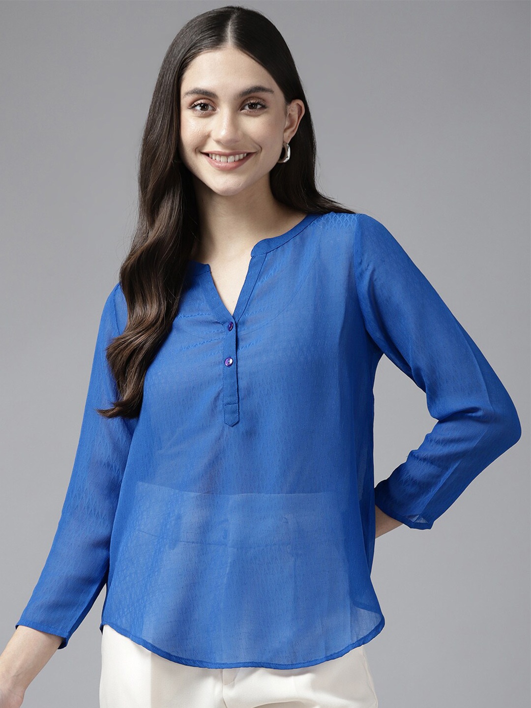

BAESD Self Design Mandarin Collar Regular Top, Blue