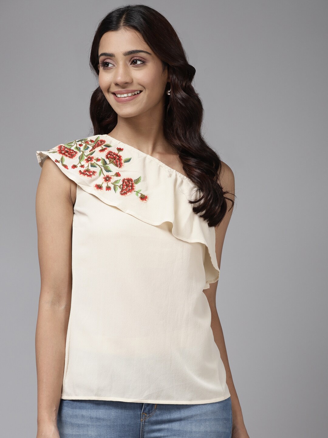 

BAESD Floral Embroidered One Shoulder Ruffles Detail Top, Beige