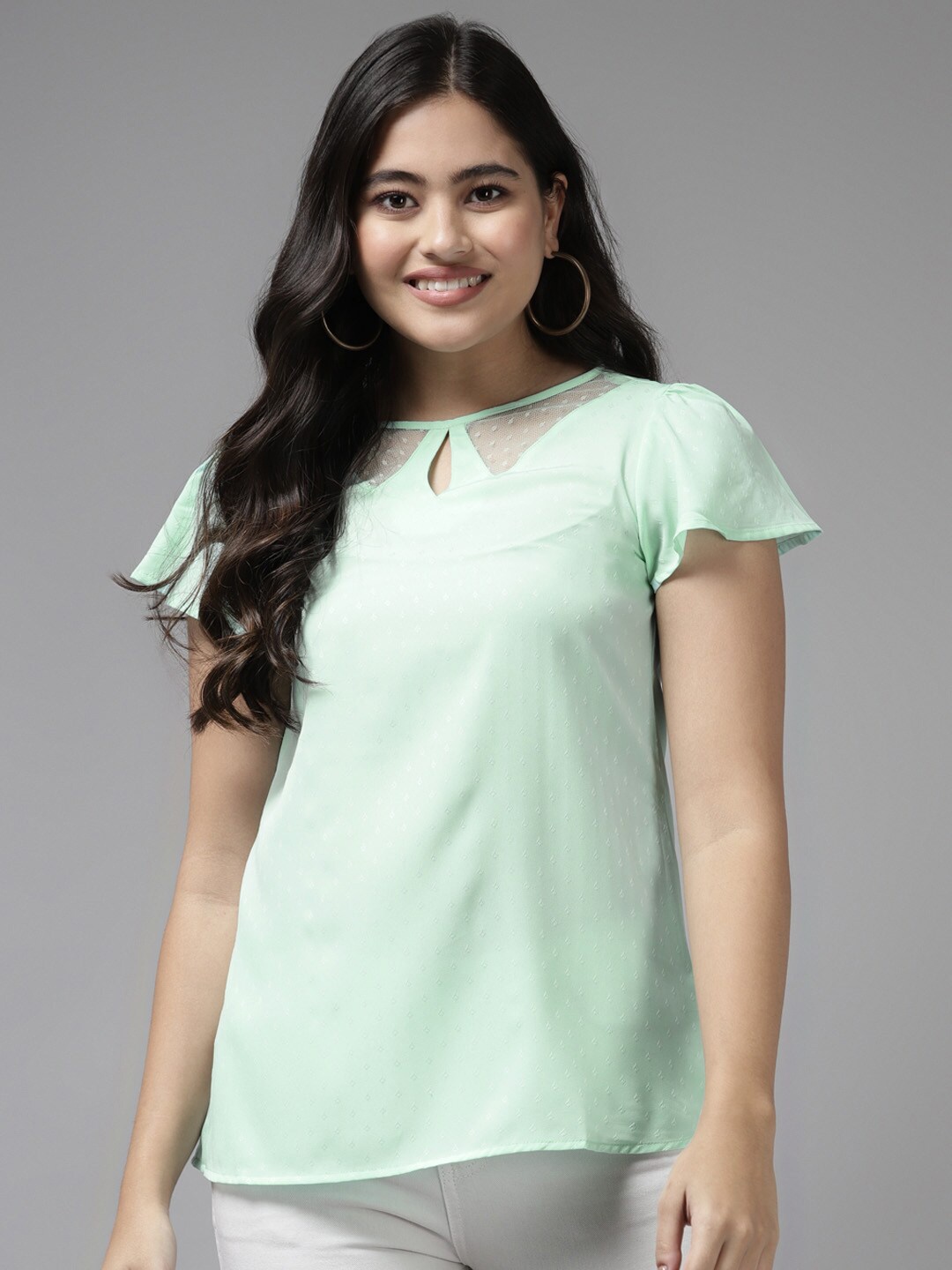 

BAESD Keyhole Neck Flutter Sleeves A-Line Top, Sea green