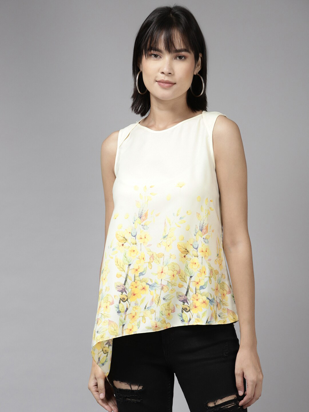 

BAESD Floral Printed Sleeveless A-Line Top, Cream