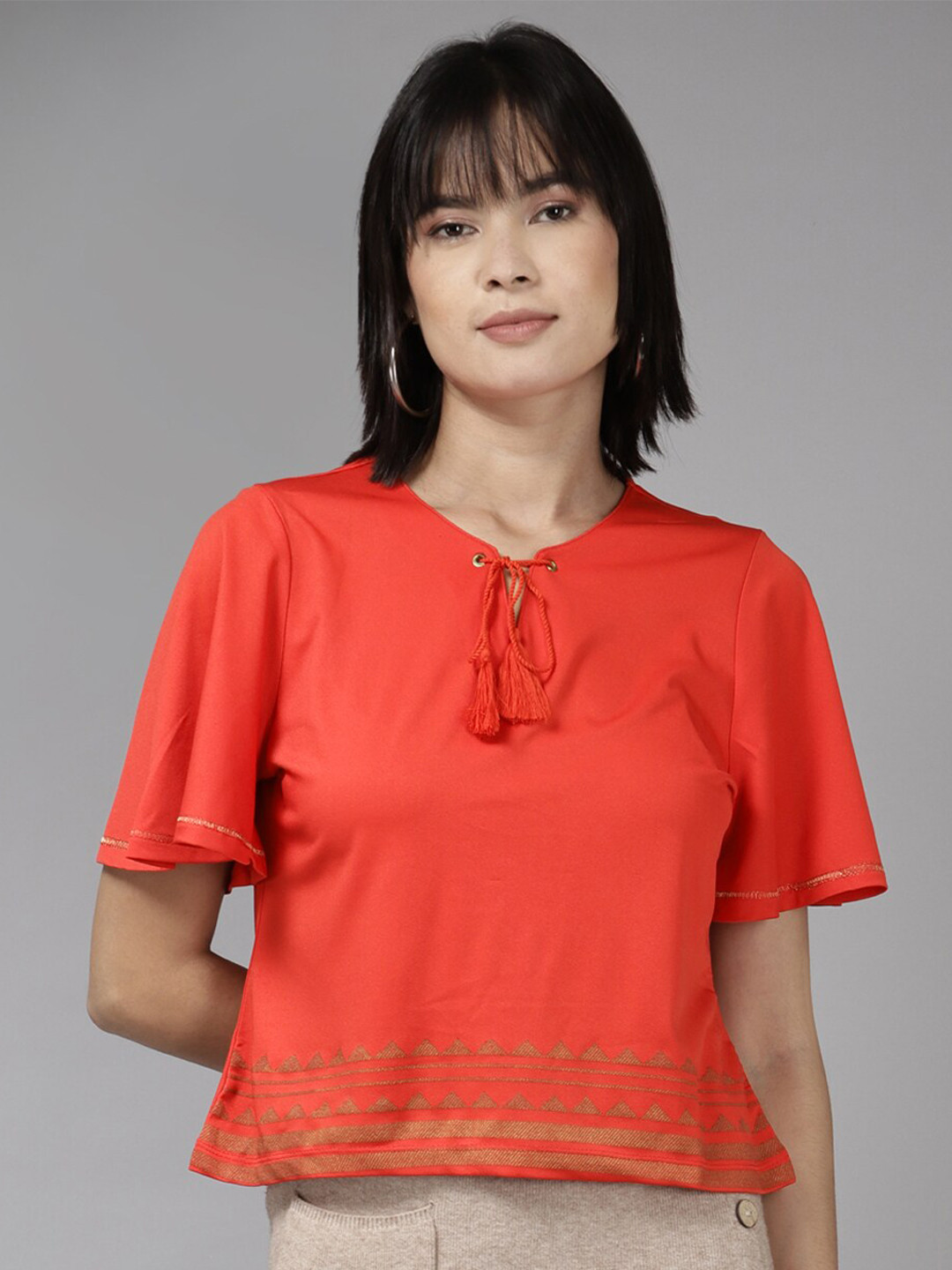

BAESD Tie Up Neck Flared Sleeves Top, Red