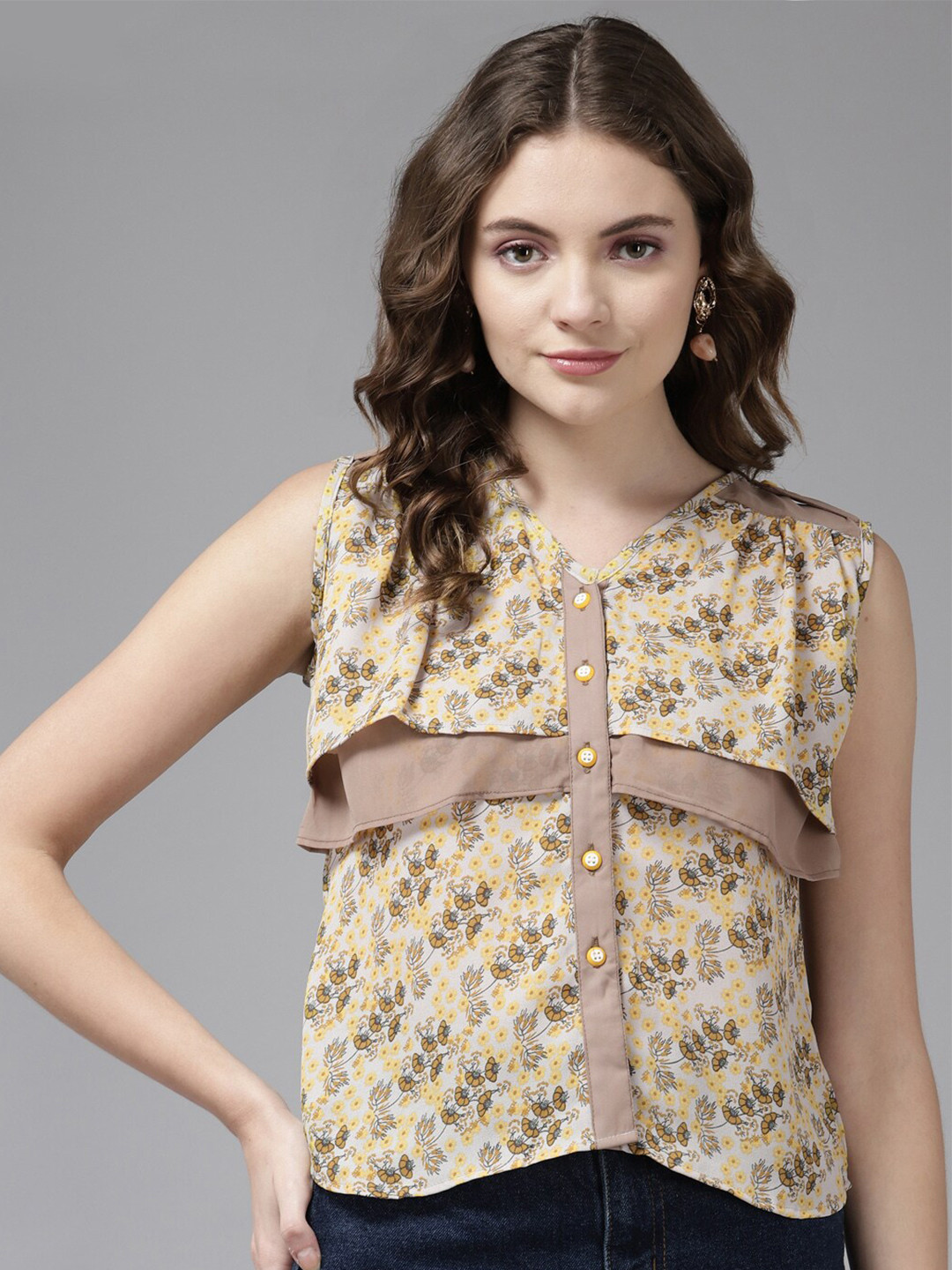 

BAESD Floral Printed Layered Top, Yellow