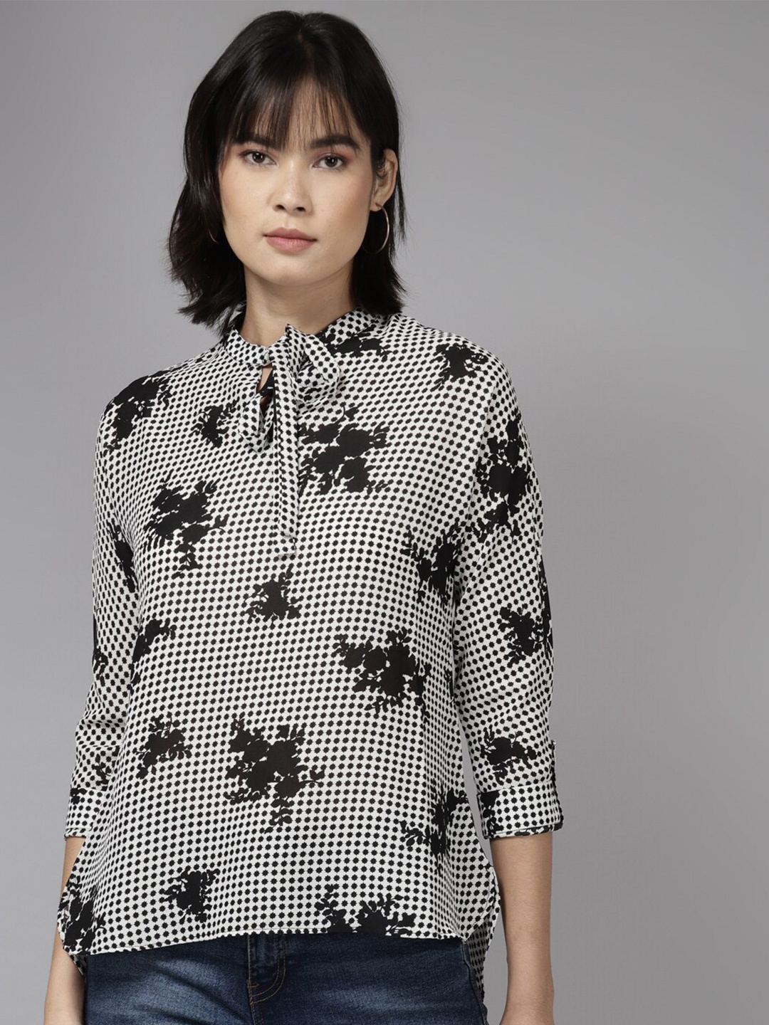 

BAESD Floral Printed Tie-Up Neck Top, Black