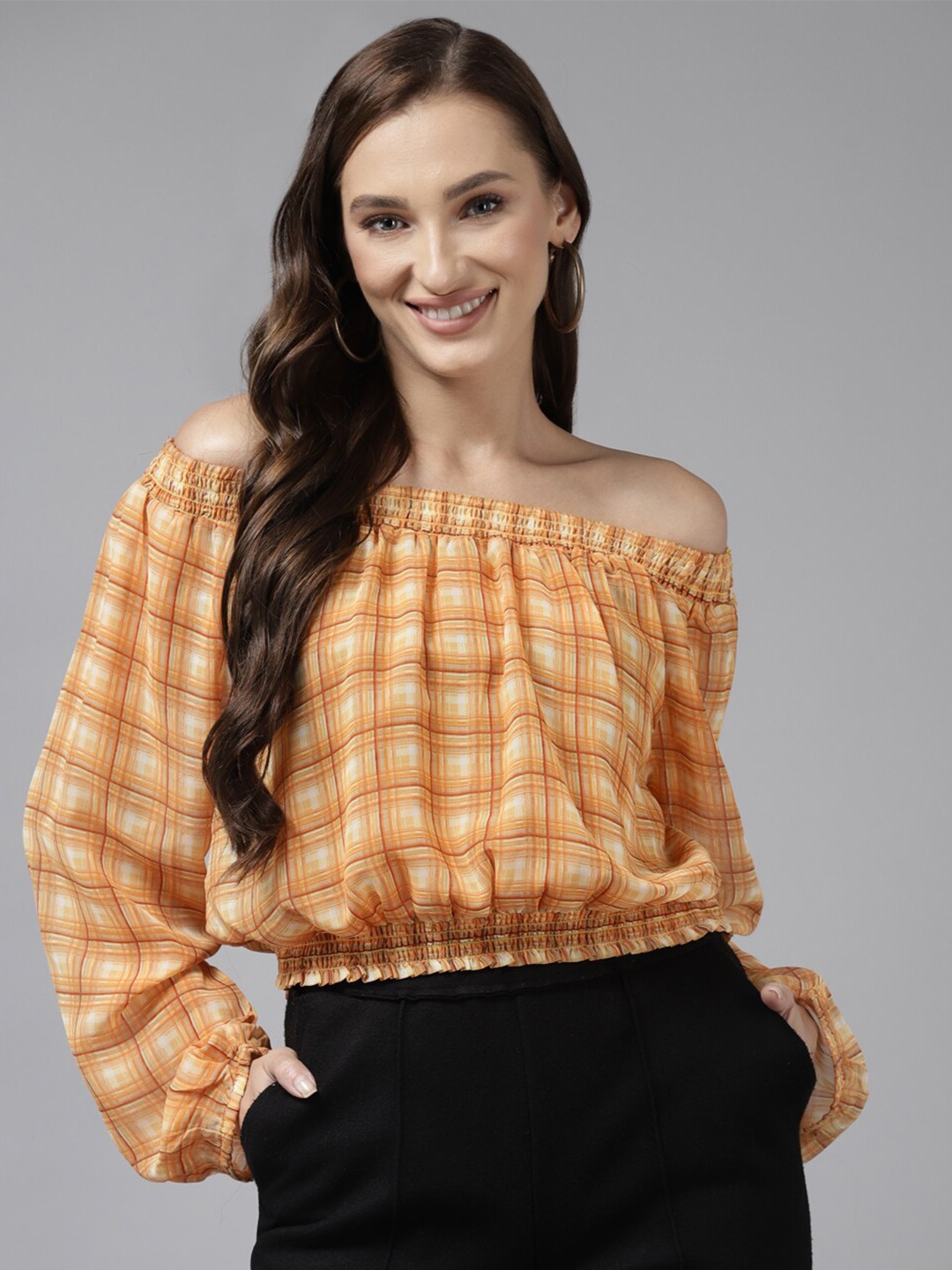 

BAESD Yellow Checked Off-Shoulder Puff Sleeve Bardot Top, Orange