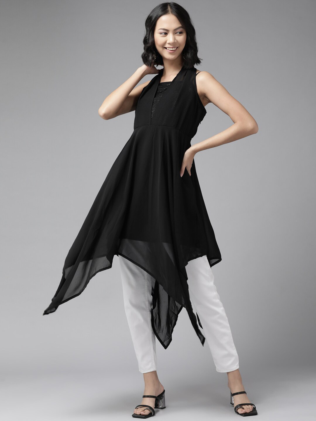 

BAESD Halter Neck Asymmetric Georgette Tunic, Black